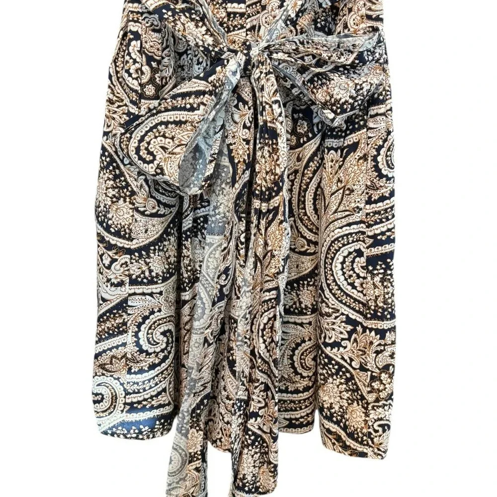 J. Crew Cecelia Paisley V Neck Brown White Tie Waist Knee Short Dress Size 4 - Picture 6 of 7